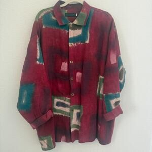 Rebecca Yaffe Designs Hand Painted Linen Button Down Shirt Red Green Abstract L